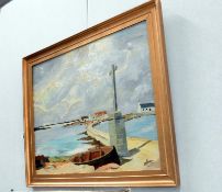 An oil on board harbour scene signed but indistinct