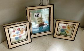 3 vintage framed 3D paintings on glass