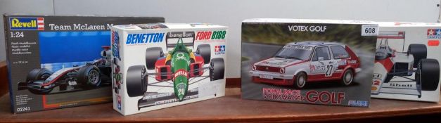 3 Formula 1 model cars by Tamiya & Revell and a Fujimi model of Votex Golf