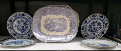 A quantity of blue and white meat platters and plates