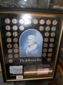A framed display The Jefferson era coin set