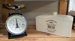 A set of Typhoon kitchen scales & a pottery bread bin