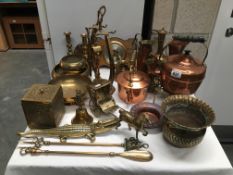 A quantity of brass and copper items including kettles, horse and cart etc.