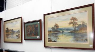 2 Watercolour river landscapes signed (Possibly Dudley Ware or Ward) and a print 'The Sale of The