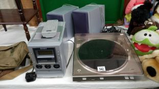A Sony micro Hi-Fi system with 2 speakers & a Denon record deck