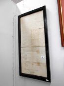 A framed and glazed 18th century indenture dated 1765