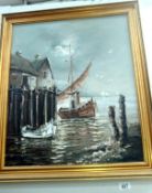 An oil on canvas harbour scene