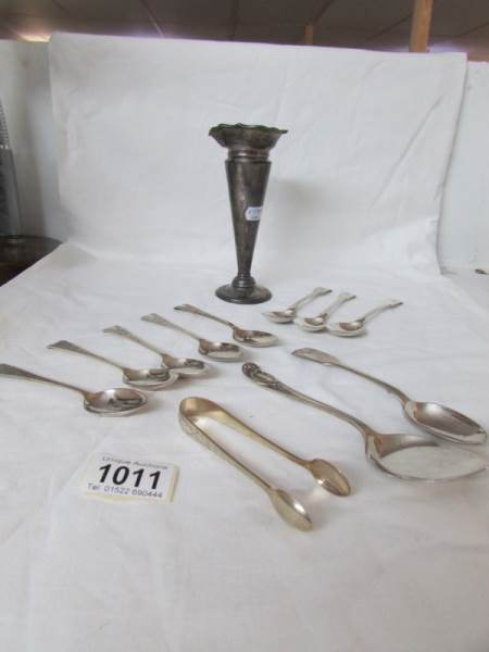 A silver vase and a mixed lot of silver cutlery