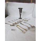 A silver vase and a mixed lot of silver cutlery