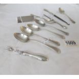 A mixed lot of silver spoons, button hook, plaque etc.
