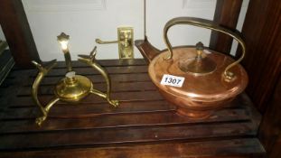 A Benson copper and brass kettle with stand and burner