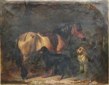 An oil on canvas study of standing horse with dog