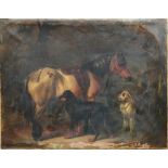 An oil on canvas study of standing horse with dog