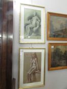 A pair of studio stamped 1950's coloured graphite drawings of seated nudes by renowned Cambridge