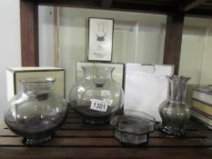 3 boxed Wedgwood crystal vases and a dish