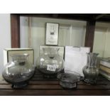 3 boxed Wedgwood crystal vases and a dish