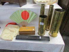 4 brass shell cases, a Japanese silk flag a/f,