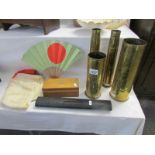 4 brass shell cases, a Japanese silk flag a/f,