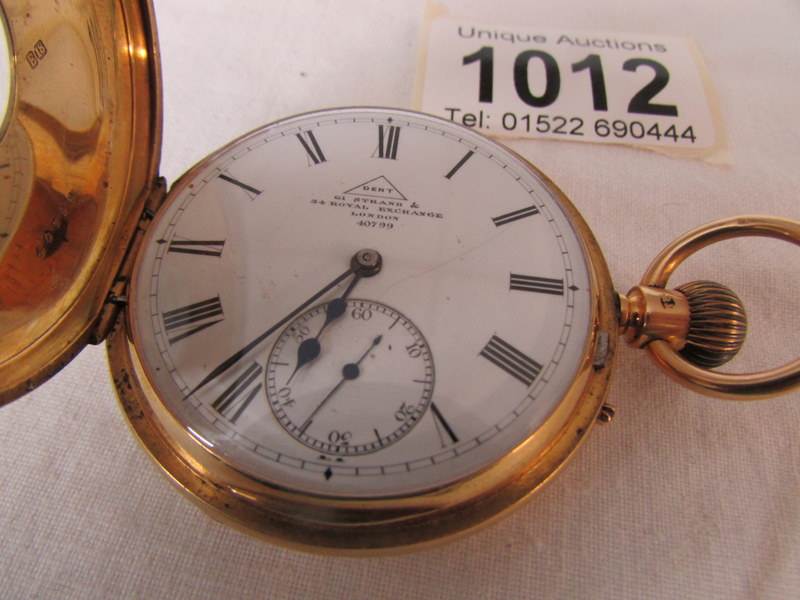 An 18ct gold half hunter pocket watch with enamel dial by Dent of London - Image 7 of 7