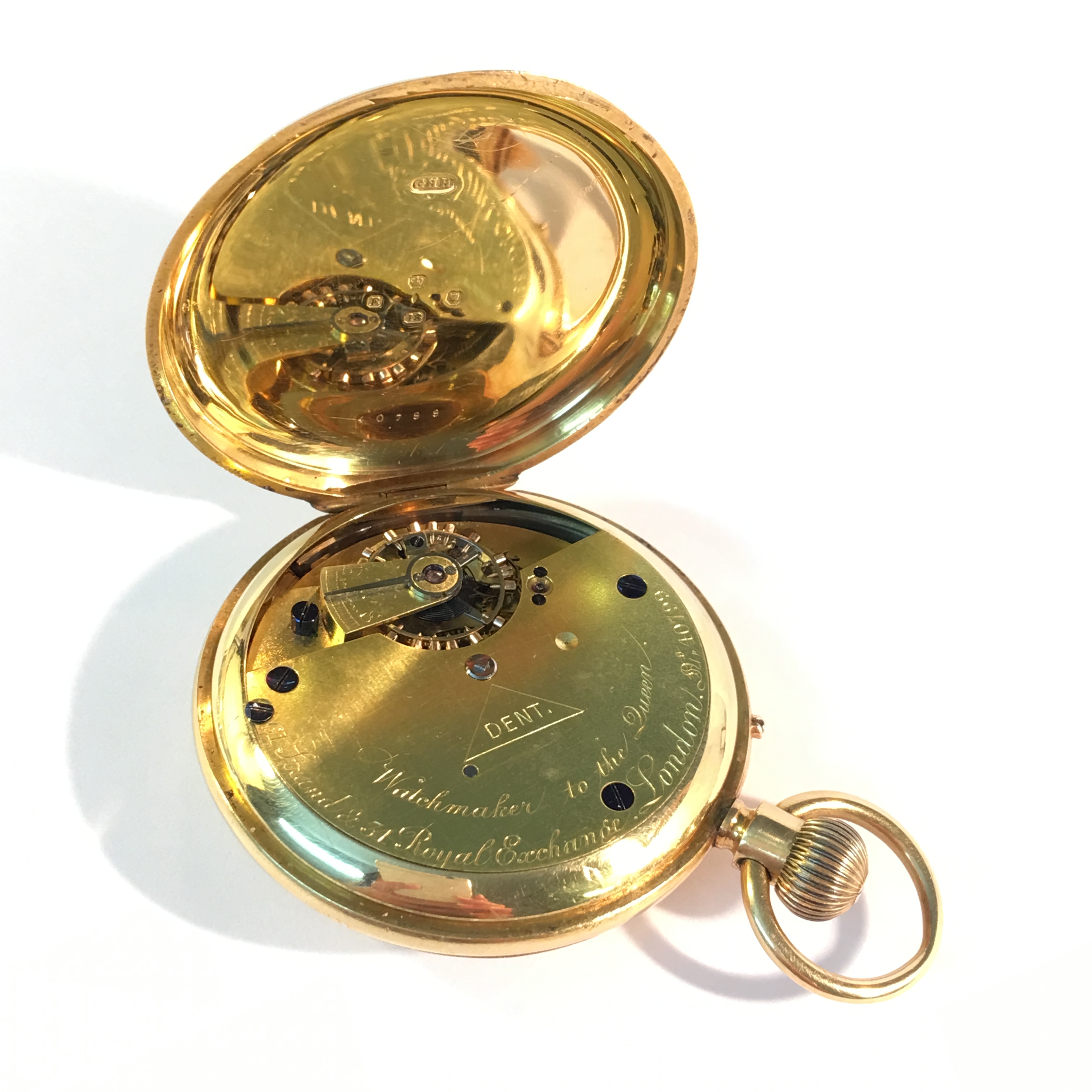 An 18ct gold half hunter pocket watch with enamel dial by Dent of London - Image 3 of 7