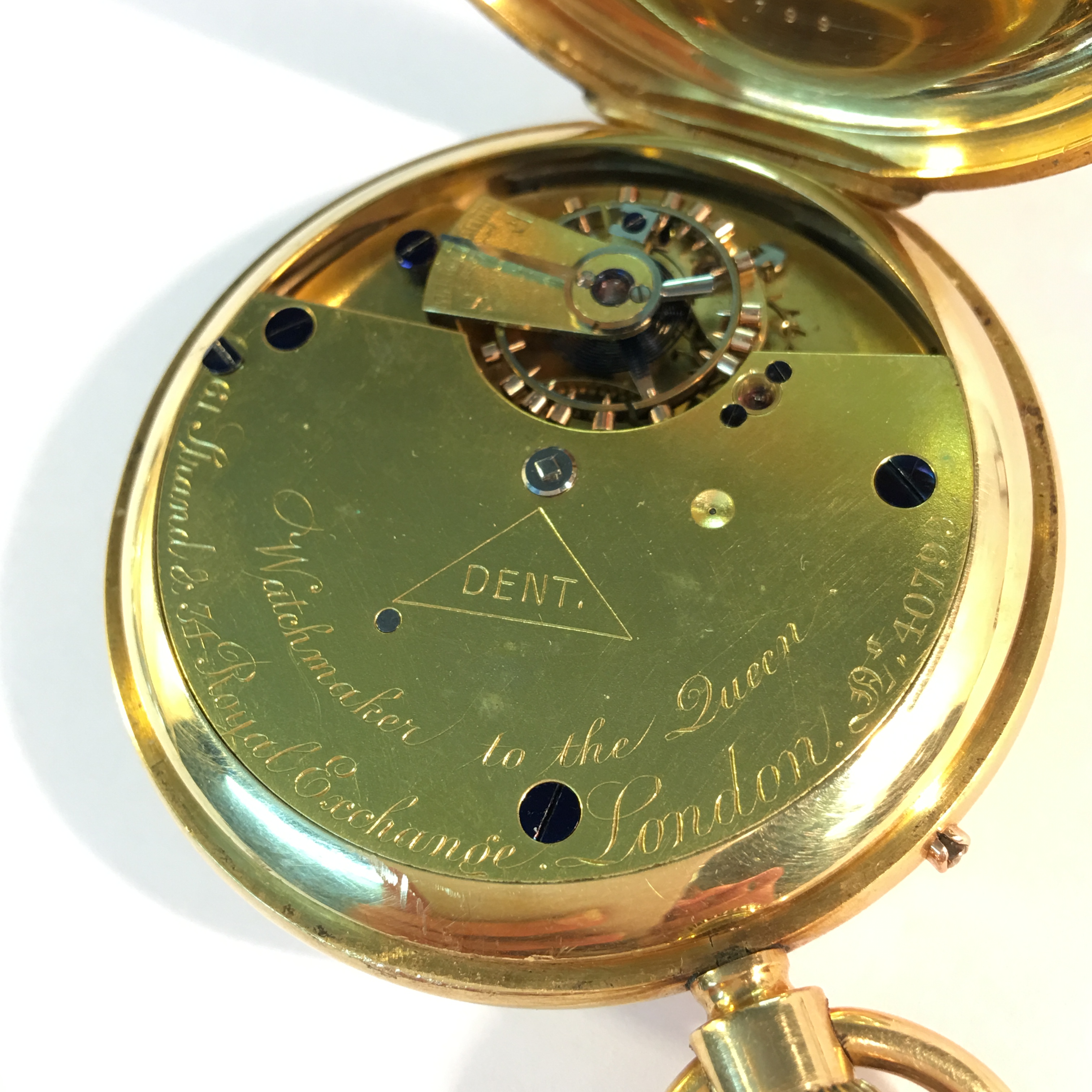 An 18ct gold half hunter pocket watch with enamel dial by Dent of London - Image 4 of 7