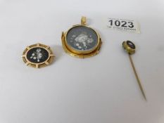A 'Mosaic' inlaid brooch, pendant and stick pin in gold coloured metal,