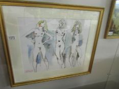 A stamped impressionist watercolour painting of 3 nudes by Peter Collins, A.R.C.A.