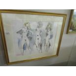 A stamped impressionist watercolour painting of 3 nudes by Peter Collins, A.R.C.A.