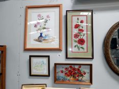 A framed and glazed poppy tapestry and 3 prints