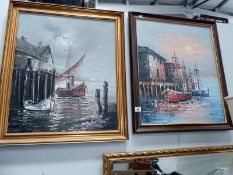 2 framed oil on canvas harbour scenes