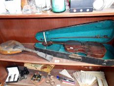 A cased violin and a mandolin,