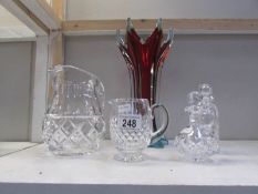 4 pieces of cut glass and a coloured glass vase
