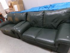 A pair of green leather 2 seat sofa's