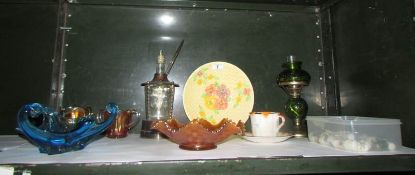 A mixed lot of coloured glass, thimbles,