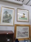 A framed and glazed hunting scene and 2 other pictures