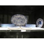 A large blue and white platter together with 7 Wedgwood blue and white royalty collectors plates