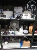 3 shelves of kitchen ware including slow cooker,
