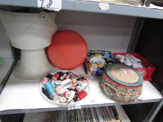 A shelf of sewing items