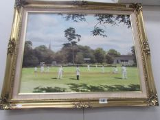 An oil on canvas of a village cricket match signed Bill Makinson