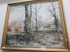 An oil on canvas of a village winter scene signed Bill Makinson