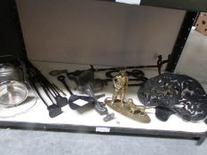 A mixed lot of metal ware including figures, lamp, fire irons,