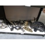 A mixed lot of metal ware including figures, lamp, fire irons,