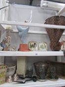 2 shelves of miscellaneous garden pots and ornaments etc