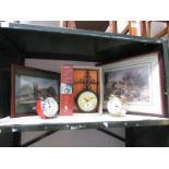 3 clocks and 2 framed and glazed prints