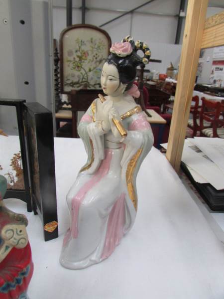 3 Chinese Deity figures, a Geisha figure, - Image 3 of 5