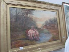 An oil on canvas painting of a horse in stream