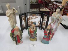 3 Chinese Deity figures, a Geisha figure,