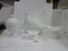 A milk glass hen egg crock,