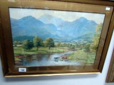 A framed and glazed watercolour of cattle in stream,