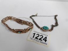 A Victorian rose gold gate and link bracelet set with turquoise (tests as gold) and a hall marked